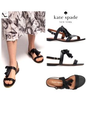 KATE SPADE NEW YORK LA DANSE Black Leather Tassel Flat Ankle Strap Sandals 6.5